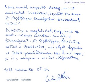 Lakner Zoltán bejegyzése a KultúrFaló vendégkönyvébe 2019. november 25.