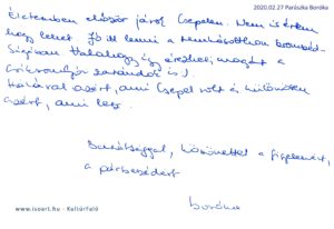 Parászka Boróka bejegyzése a KultúrFaló vendégkönyvébe 2020. február 27.